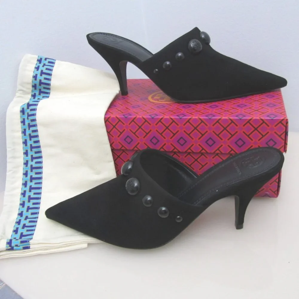Tory Burch Black Suede Pointed Mule Heels with Stud Accents